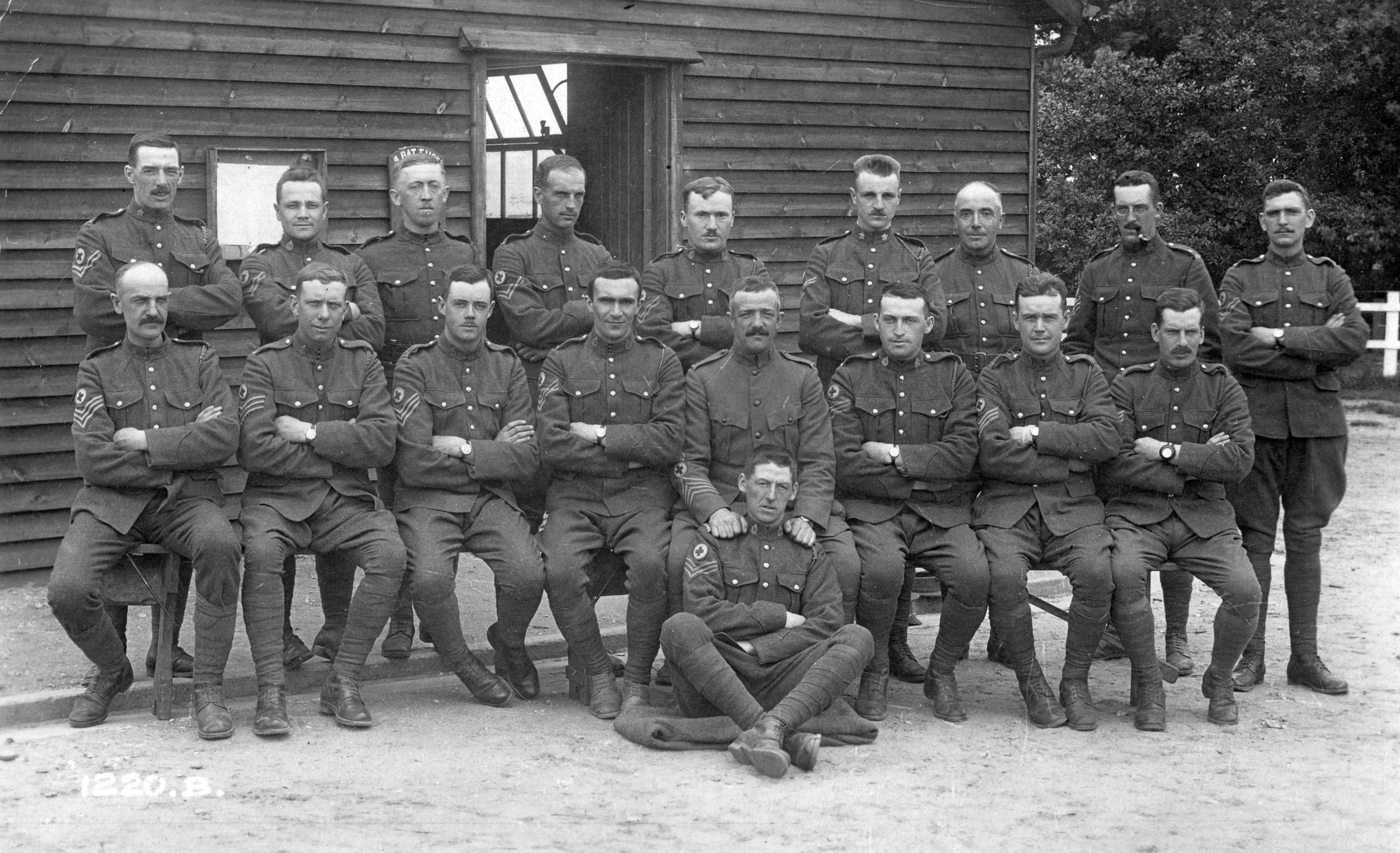 N.C.O.s of XI Canadian Field Ambulance outside Haig Hutments at Twizeldown Camp.jpg